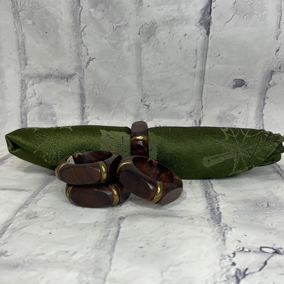 Polished Dark Wood and Brass Napkin Rings Bohemian Set of 4 Made in India - Picture 1 of 5